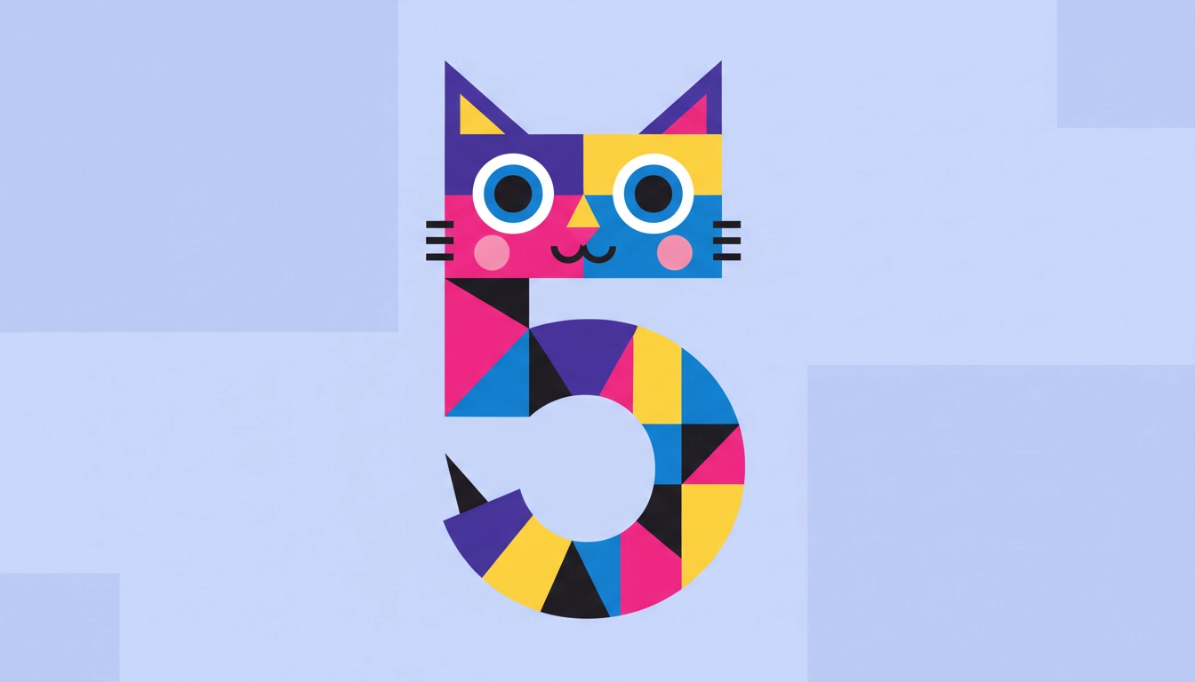 Artistic illustration of the number 5 in the shape of a cat in abstract style, used in Vox 5 branding.
