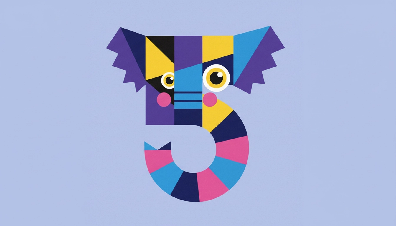 Artistic illustration of the number 5 in the shape of an elephant in abstract style, used in Vox 5 branding.
